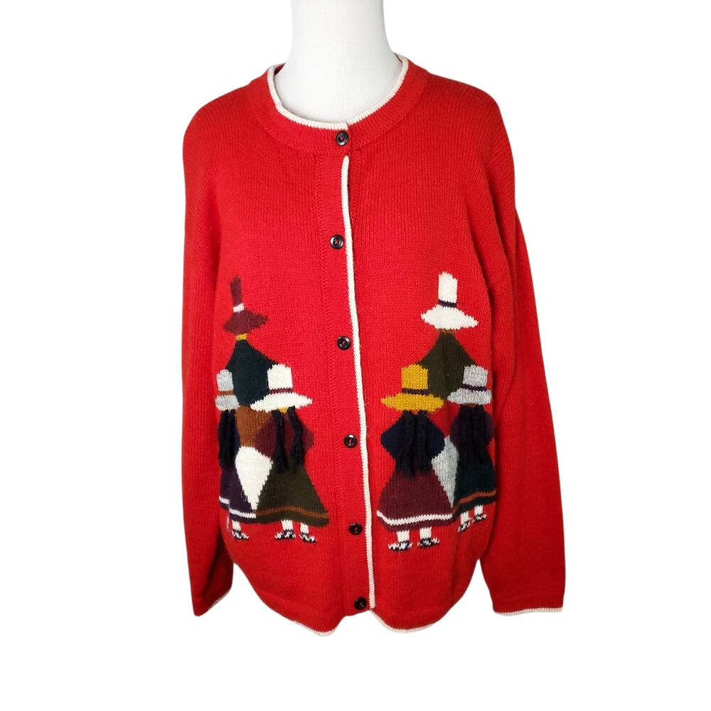 Vintage Novelty Cardigan Sweater Red Folk Art People South American Mexico Aztec